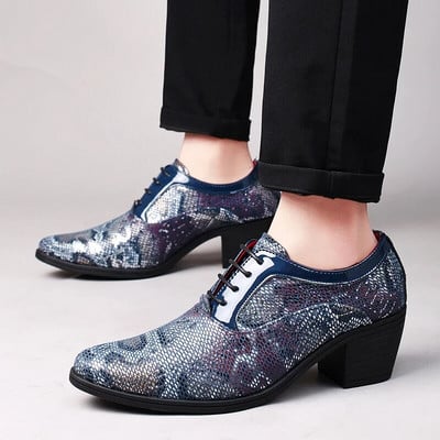 Нова мода Blue Snake Shoes Dress Man заострени кожени мъжки обувки на висок ток Комфортни ежедневни обувки с връзки Мъжки zapatos de vestir