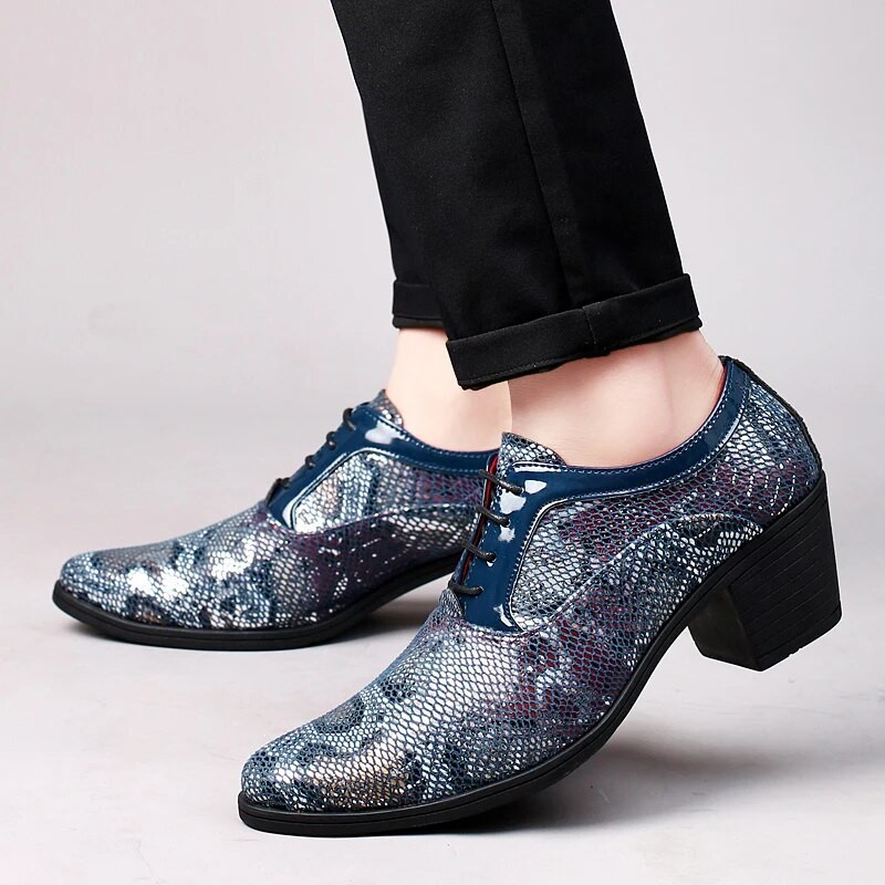 Nove modne plave zmijske cipele, muške kožne cipele na špic, muške cipele na visoku petu, udobne ležerne cipele na vezanje, muške zapatos de vestir