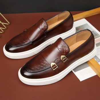 Βρετανία Ρετρό Μόδα Νέα Ανδρικά Μαύρα Καφέ Flats Monk Strap Δερμάτινα παπούτσια Casual Loafers Επίσημο φόρεμα Παπούτσια Zapatos Hombre