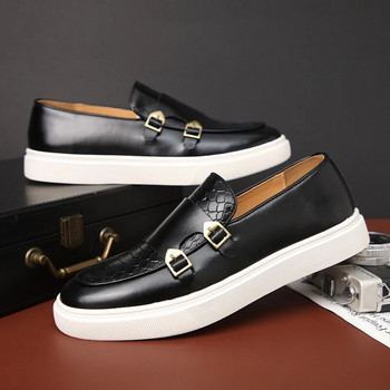 Βρετανία Ρετρό Μόδα Νέα Ανδρικά Μαύρα Καφέ Flats Monk Strap Δερμάτινα παπούτσια Casual Loafers Επίσημο φόρεμα Παπούτσια Zapatos Hombre