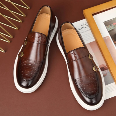 Βρετανία Ρετρό Μόδα Νέα Ανδρικά Μαύρα Καφέ Flats Monk Strap Δερμάτινα παπούτσια Casual Loafers Επίσημο φόρεμα Παπούτσια Zapatos Hombre