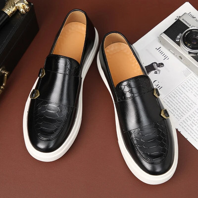 Βρετανία Ρετρό Μόδα Νέα Ανδρικά Μαύρα Καφέ Flats Monk Strap Δερμάτινα παπούτσια Casual Loafers Επίσημο φόρεμα Παπούτσια Zapatos Hombre