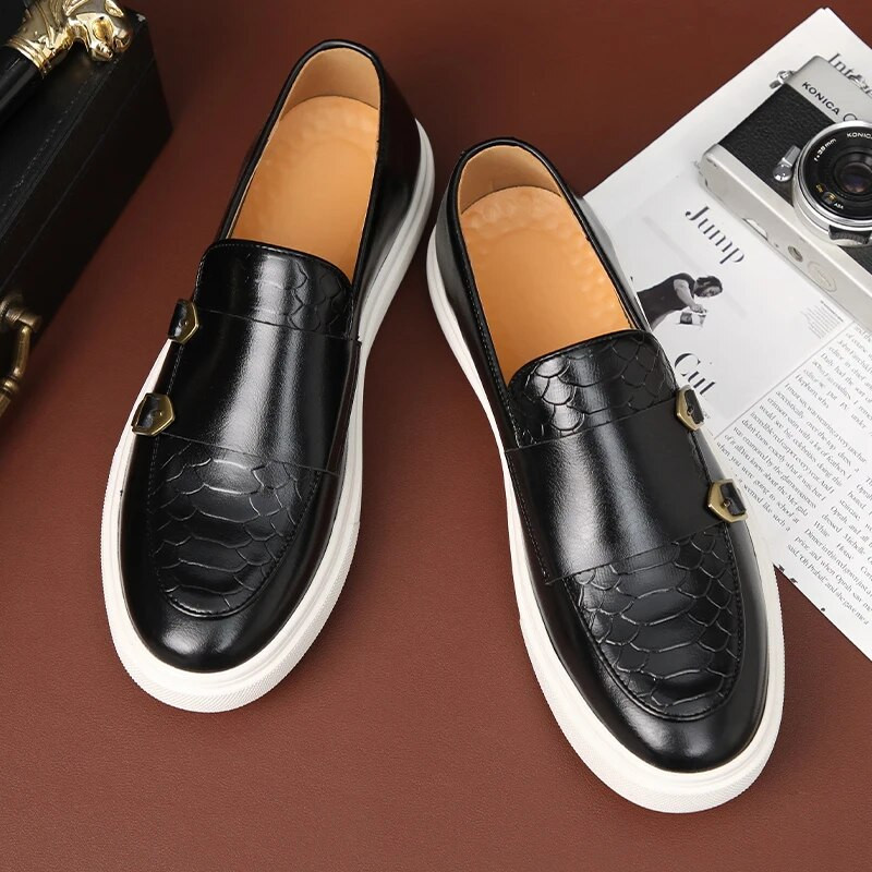 Βρετανία Ρετρό Μόδα Νέα Ανδρικά Μαύρα Καφέ Flats Monk Strap Δερμάτινα παπούτσια Casual Loafers Επίσημο φόρεμα Παπούτσια Zapatos Hombre