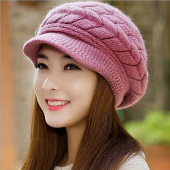 Модна топла зимна дамска барета с плетена широка плетена шапка с шапка за ски