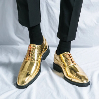 Луксозни дизайнерски заострени златни черни броги Оксфорд кожени обувки за мъжка официална сватбена рокля за бала Zapatos Hombre