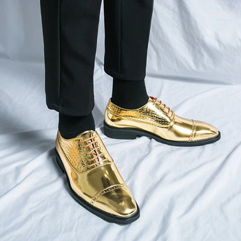 Πολυτελή χρυσά σχεδιαστικά μυτερά μαύρα δερμάτινα παπούτσια Brogue Oxford για ανδρικό επίσημο φόρεμα χορού γάμου Homecoming Zapatos Hombre