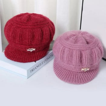 Модна дамска зимна шапка Топла удебелена вълнена шапка с добавена козина отвътре Шапка за жени Топла шапка женска външна плюшена зимна плетена шапка