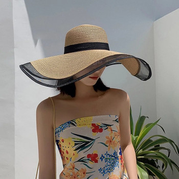 Дамска слънчева шапка с големи стрехи и вълни, плажна шапка, дамска шапка с голяма периферия, слънчеви козирки, UV Cut Bucket, панама, сгъваема сламена слънцезащитна козметика, ретро