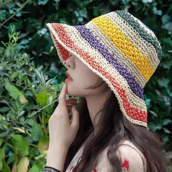 Καπέλο 100% Raffia Rainbow για κορίτσια με φαρδύ γείσο καλοκαιρινά καπέλα με δισκέτα καλοκαιρινά καπέλα για γυναίκες στην παραλία Panama ψάθινο καπέλο κουβά καπέλο γυναικείο καπέλο από σκιά