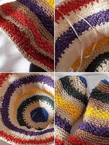 Καπέλο 100% Raffia Rainbow για κορίτσια με φαρδύ γείσο καλοκαιρινά καπέλα με δισκέτα καλοκαιρινά καπέλα για γυναίκες στην παραλία Panama ψάθινο καπέλο κουβά καπέλο γυναικείο καπέλο από σκιά