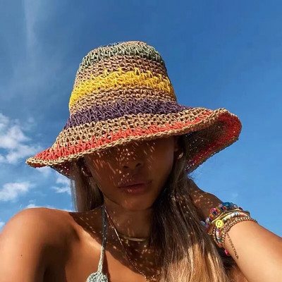 100% Raffia szivárványos lány napozósapka széles karimájú floppy nyári kalapok nőknek strand Panama szalmakupola vödörsapka femme árnyalatú kalap