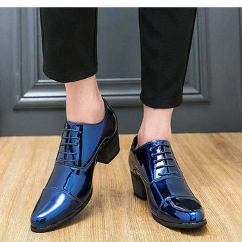 Елегантни сини мъжки сватбени обувки на висок ток Бизнес мъжки луксозни обувки с лъскава лачена кожа Оксфордски обувки Мъжки sapato masculino