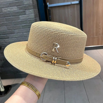 Καλοκαιρινό καπέλο ηλίου Flat top ψάθινα καπέλα για γυναίκες Νέο μεταλλικό γράμμα R Μοδάτο καπέλο για ηλίου παραλία Γυναικεία Καπέλο για διακοπές
