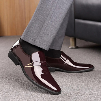 Мъжки кожени обувки с приплъзване, лачени мъжки ежедневни обувки Оксфорд, мокасини, блестящи мъжки обувки, мъжки обувки с остри пръсти