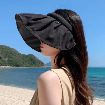 Корейски слънчеви шапки с голяма периферия Черни дамски лепило Слънцезащитни слънцезащитни шапки Сгъваем преносим обръч за коса Дамски шапки Шапки