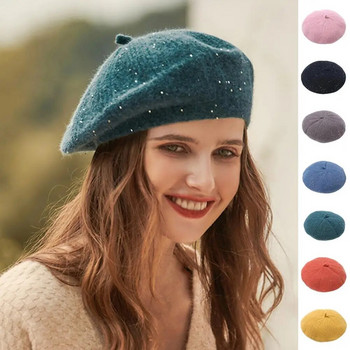 Дамска популярна чиста цветна универсална шапка Есенно-зимна шикозна шапка с пайети за плаж