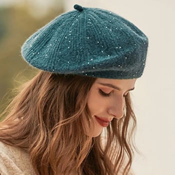 Дамска популярна чиста цветна универсална шапка Есенно-зимна шикозна шапка с пайети за плаж