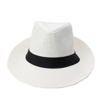 Καυτή μόδα Καλοκαιρινή Casual Unisex Παραλία Trilby Μεγάλο γείσο Jazz Καπέλο για τον ήλιο Παναμά Καπέλο Χαρτί Ψάθινο Γυναικείο καπέλο με μαύρη κορδέλα