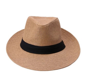 Καυτή μόδα Καλοκαιρινή Casual Unisex Παραλία Trilby Μεγάλο γείσο Jazz Καπέλο για τον ήλιο Παναμά Καπέλο Χαρτί Ψάθινο Γυναικείο καπέλο με μαύρη κορδέλα