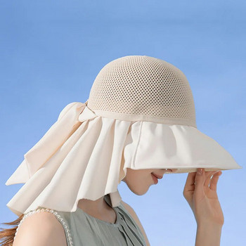Лятна дамска шапка-кофа с шал Лека дишаща мрежеста защита на лицето и шията Слънчева шапка с панделка Плисиран дизайн Пътуваща плажна шапка