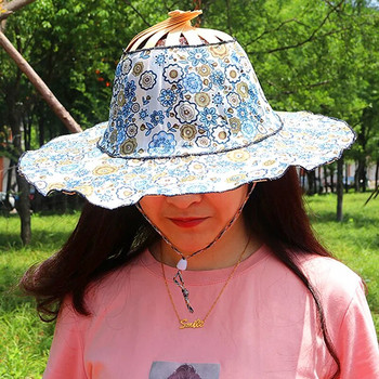 Дамска сгъваема шапка с ветрило Бамбукова копринена сгъваема шапка с широка периферия Лятна преносима туристическа плажна слънцезащитна шапка Слънцезащитна бижута Подарък