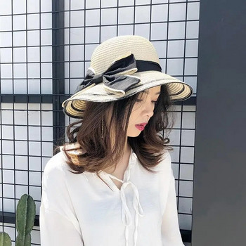 Panama γυναικείο ψάθινο καπέλο παραλίας με μεγάλο γείσο, σκίαση στον ήλιο και μοντέρνο καλοκαιρινό καπέλο φιόγκου εξωτερικού χώρου H65