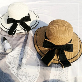 Panama γυναικείο ψάθινο καπέλο παραλίας με μεγάλο γείσο, σκίαση στον ήλιο και μοντέρνο καλοκαιρινό καπέλο φιόγκου εξωτερικού χώρου H65