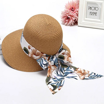 Плажна шапка за жени, лятна бохемска слънцезащитна сламена шапка с панделка и козирка, слънчева шапка сомбреро Голяма стреха, сламена тъкана рибарска шапка