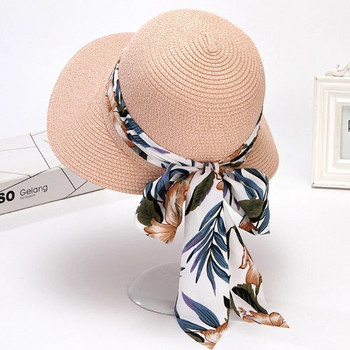 Плажна шапка за жени, лятна бохемска слънцезащитна сламена шапка с панделка и козирка, слънчева шапка сомбреро Голяма стреха, сламена тъкана рибарска шапка