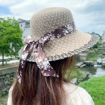 Жена Елегантни флорални панделки Слънчеви шапки Винтидж сламени шапки Лятно пътуване Слънцезащита Шапки с широки периферии Аксесоари за облекло