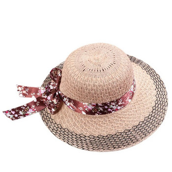 Жена Елегантни флорални панделки Слънчеви шапки Винтидж сламени шапки Лятно пътуване Слънцезащита Шапки с широки периферии Аксесоари за облекло