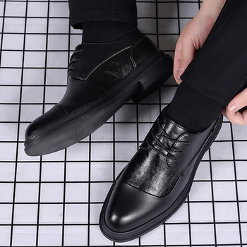 Мъжки кожени обувки, дизайнерски маркови черни сватбени обувки с връзки, ежедневни бизнес оксфордски обувки с остри пръсти, официални мъжки италиански