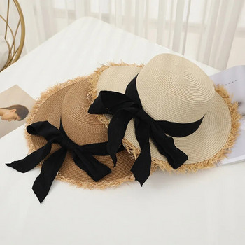 Φούντα Γυναικεία δαντέλα φιόγκο ψάθινο καπέλο Καλοκαίρι Γυναικεία γυναικεία casual δισκέτα Καπέλο ηλίου Κορδέλα Αντηλιακό καπέλο για παραλία