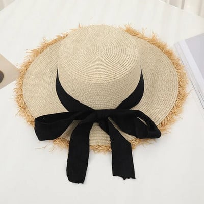 S kićankama Ženski šešir od slame s mašnom i mašnom od čipke Ljeto Ženske ležerne floppy Šešir za sunčanje Vrpca Kapa za zaštitu od sunca za plažu