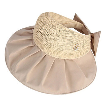 Лято Дамска слънцезащитна шапка с широка периферия Дамско момиче Празнична UV защита Пачуърк Сламена шапка Сладка лък Опакована шапка с козирка