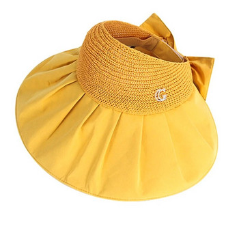 Лято Дамска слънцезащитна шапка с широка периферия Дамско момиче Празнична UV защита Пачуърк Сламена шапка Сладка лък Опакована шапка с козирка