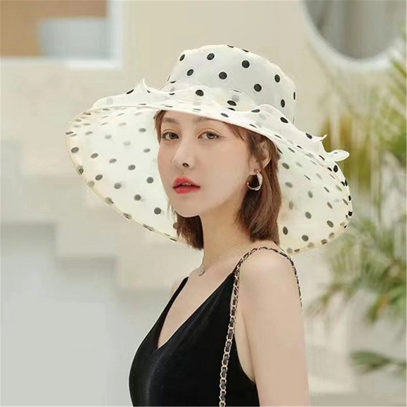 1 бр. Нова модна елегантна мрежеста църковна шапка от органза на точки за жени Сгъваема шапка за сватбено тържество Лятна предпазна шапка за плаж