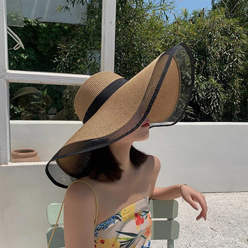 Сламена шапка с голяма периферия Темперамент Рибарска шапка от органза Дамска лятна тънка слънцезащитна шапка Лятна ваканционна плажна шапка Шапка за слънце