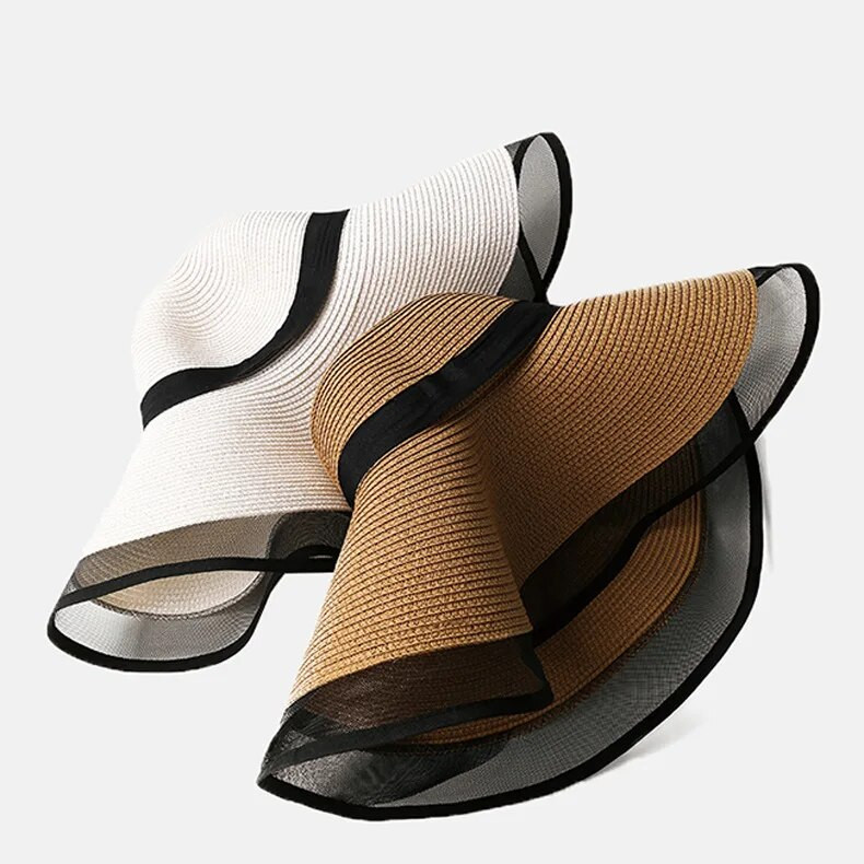 Suure äärega õlgkübar Temperament organza kalamehemüts Naiste suvine õhuke päikesekaitsemüts suvepuhkuse rannamüts päikesekübar