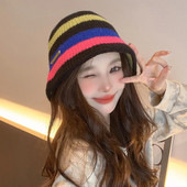 Japoniškų spalvų derančios dryžuotos rankomis megztos kibiro kepurė rudens ir žiemos retro šilta laisvalaikio kupolinė Panama Bob kepurė moterims Gorras