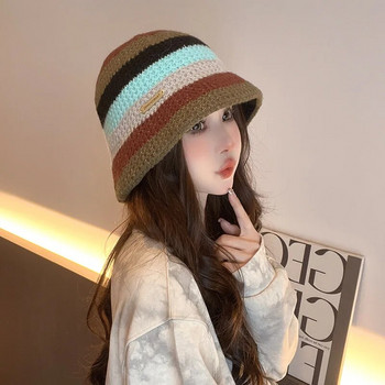Японска раирана ръчно плетена шапка тип кофа, подходяща за цвета, есенна и зимна ретро топла ежедневна панамска боб шапка за жени Gorras