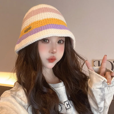 Japoniškų spalvų derančios dryžuotos rankomis megztos kibiro kepurė rudens ir žiemos retro šilta laisvalaikio kupolinė Panama Bob kepurė moterims Gorras