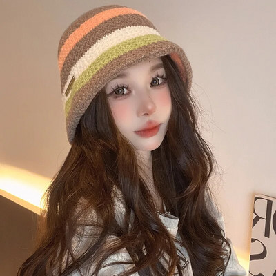 Japoniškų spalvų derančios dryžuotos rankomis megztos kibiro kepurė rudens ir žiemos retro šilta laisvalaikio kupolinė Panama Bob kepurė moterims Gorras