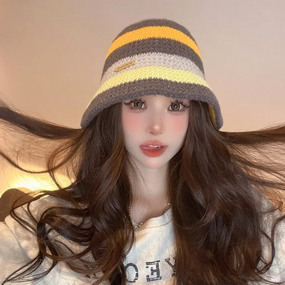 Japoniškų spalvų derančios dryžuotos rankomis megztos kibiro kepurė rudens ir žiemos retro šilta laisvalaikio kupolinė Panama Bob kepurė moterims Gorras