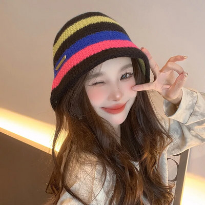 Japoniškų spalvų derančios dryžuotos rankomis megztos kibiro kepurė rudens ir žiemos retro šilta laisvalaikio kupolinė Panama Bob kepurė moterims Gorras