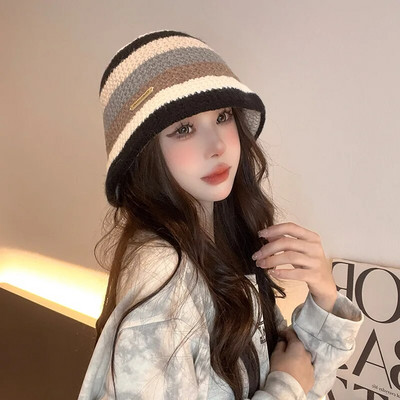 Japoniškų spalvų derančios dryžuotos rankomis megztos kibiro kepurė rudens ir žiemos retro šilta laisvalaikio kupolinė Panama Bob kepurė moterims Gorras