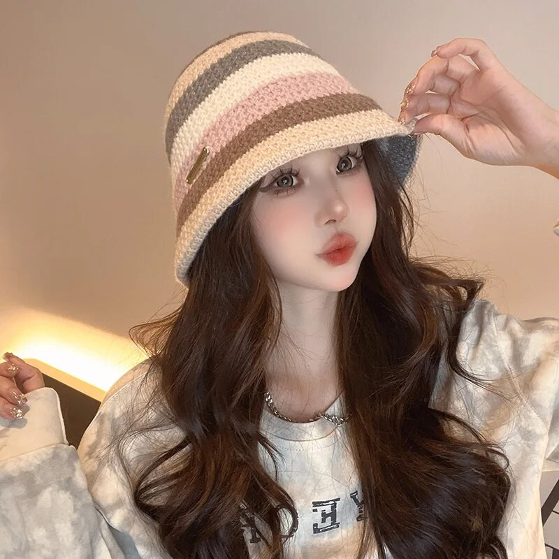 Japoniškų spalvų derančios dryžuotos rankomis megztos kibiro kepurė rudens ir žiemos retro šilta laisvalaikio kupolinė Panama Bob kepurė moterims Gorras