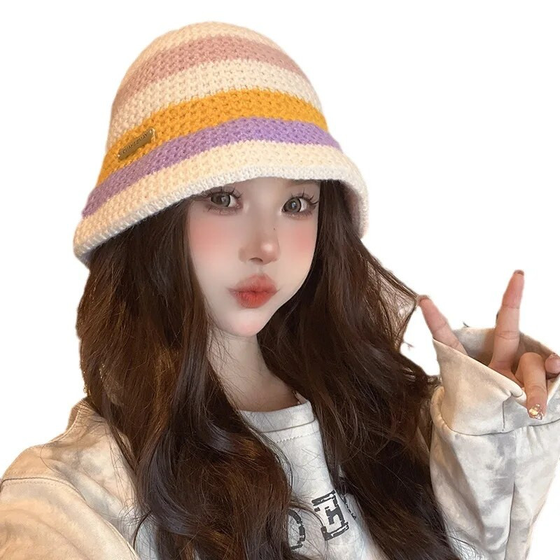 Japoniškų spalvų derančios dryžuotos rankomis megztos kibiro kepurė rudens ir žiemos retro šilta laisvalaikio kupolinė Panama Bob kepurė moterims Gorras