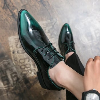 Есенни нови лачени мъжки обувки Мокасини с връзки Зелени остри пръсти Дебела подметка Модни кожени обувки Висококачествени ежедневни обувки