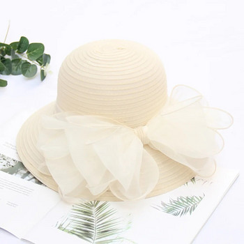 Κομψό Φιόγκο Γυναικείο Καπέλο Καλοκαιρινή Οργάντζα Φαρδύ Γείσο Αντηλιακό Κεντάκι Ντέρμπι Καπέλα για Γυναικεία Πτυσσόμενο Καπέλο για τον Ήλιο της Παραλίας Γάμου
